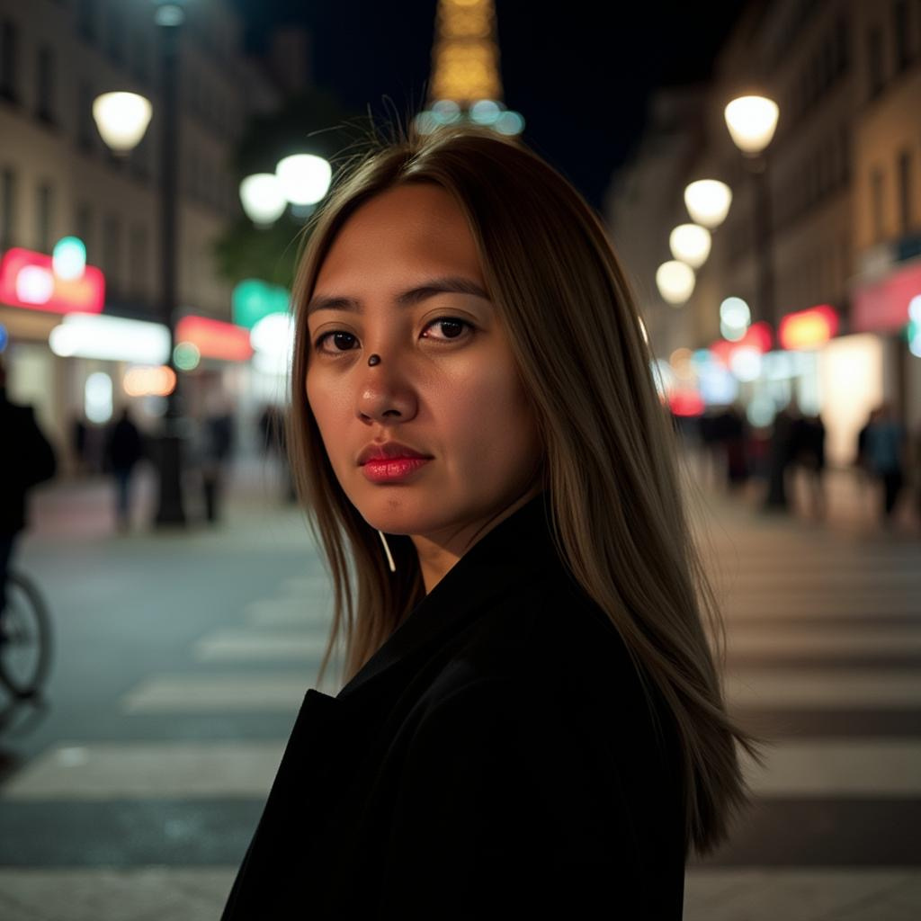 Headshot of Catherine looking at the camera on a city street at night with blurred lights in the background.